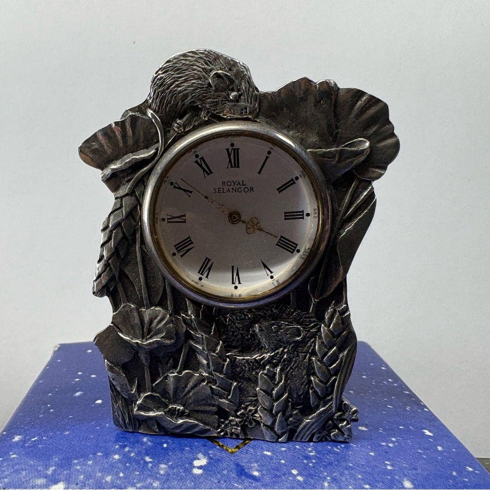 Royal Selangor Collectible Pewter Tabletop Desk Clock 2”x3” Mice, Poppies VTG